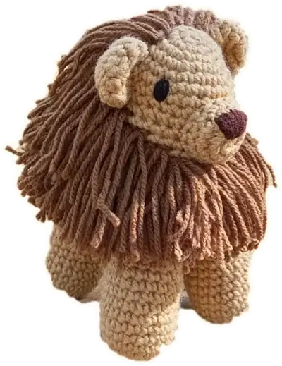 Crocheted lion with a long brown yarn mane